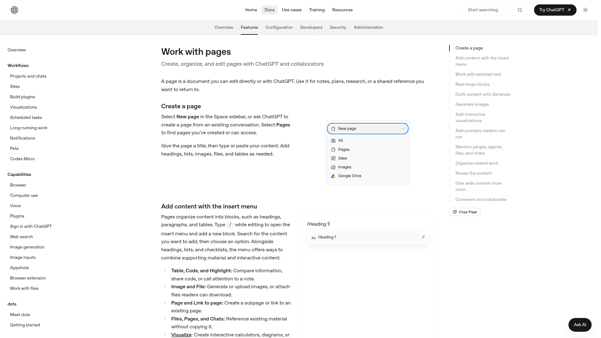 Work with pages docs showing the New page menu and the slash insert menu in ChatGPT Space, as taken from OpenAI's Space pages guide