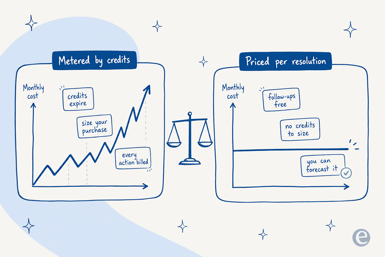 Metered-by-credits pricing climbs unpredictably, while per-resolution pricing stays flat and forecastable
