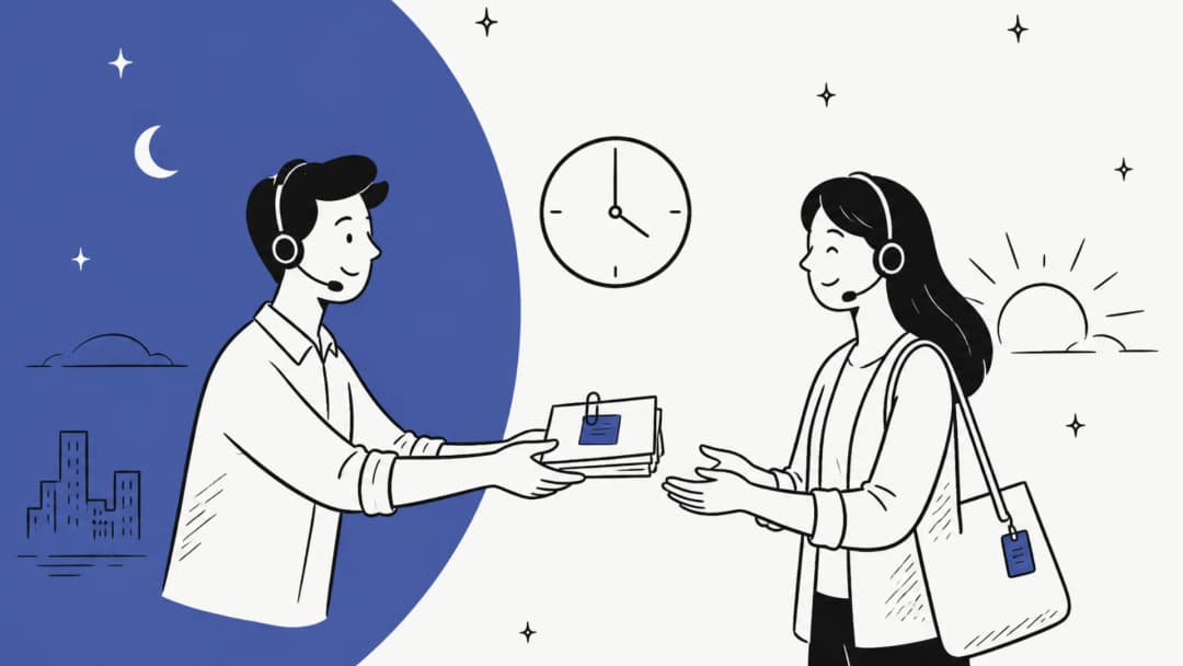 Hand-drawn illustration of a support agent at dusk handing a clipped stack of tickets to a colleague arriving at dawn, with a clock between them
