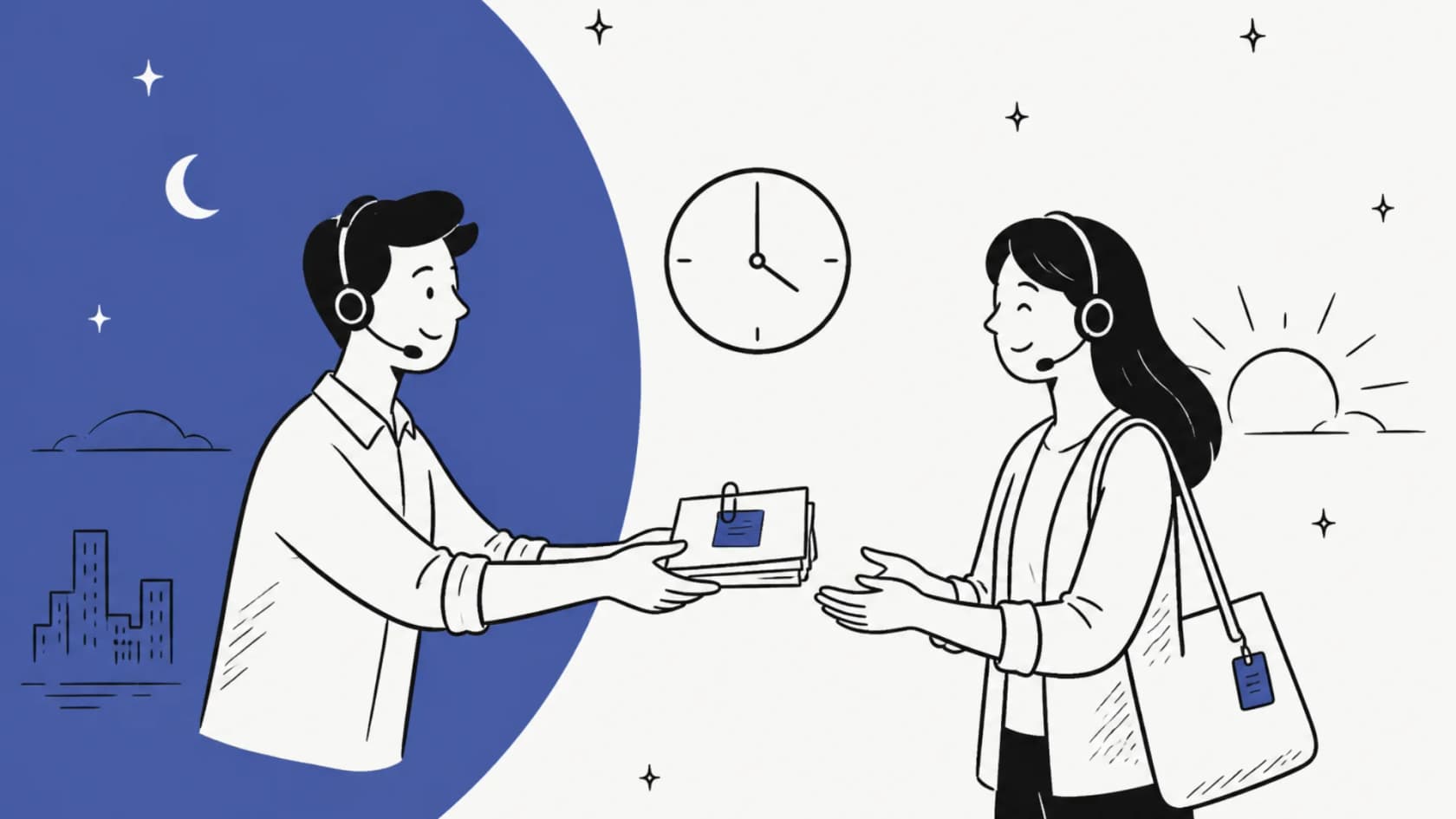 Hand-drawn illustration of a support agent at dusk handing a clipped stack of tickets to a colleague arriving at dawn, with a clock between them