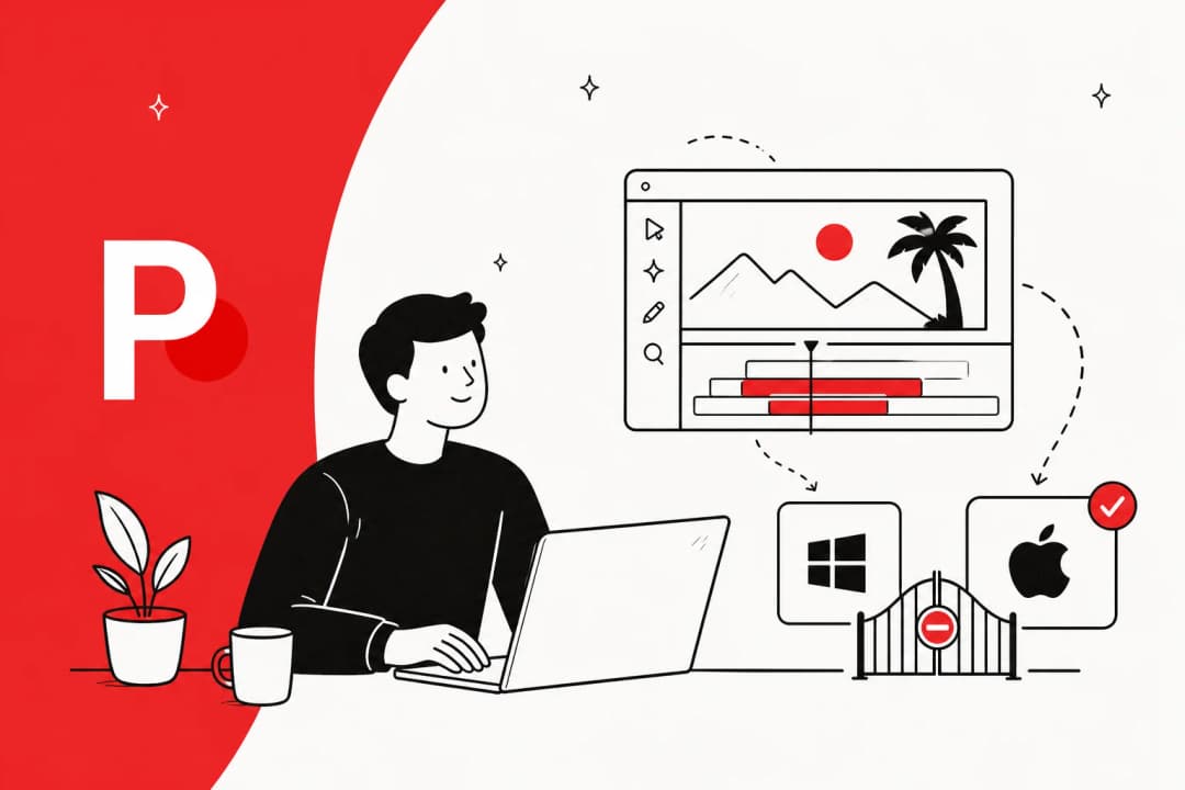 Illustrated hero banner for a guide on running Palmier, an AI-native macOS video editor, on Windows