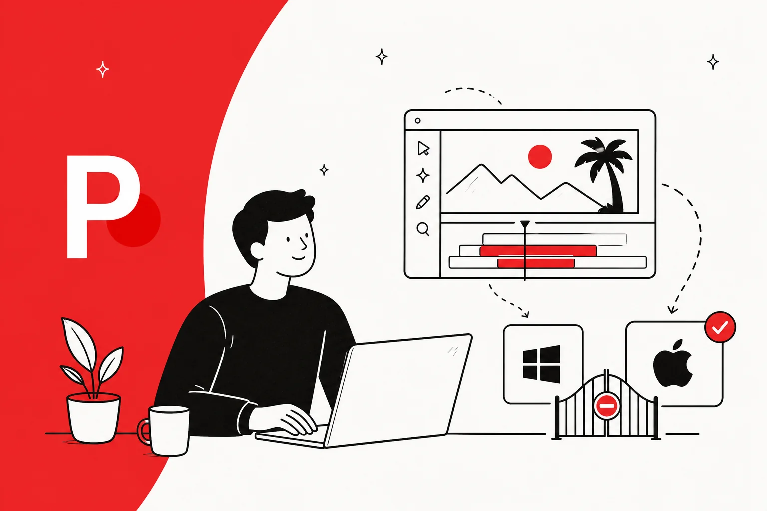 Illustrated hero banner for a guide on running Palmier, an AI-native macOS video editor, on Windows