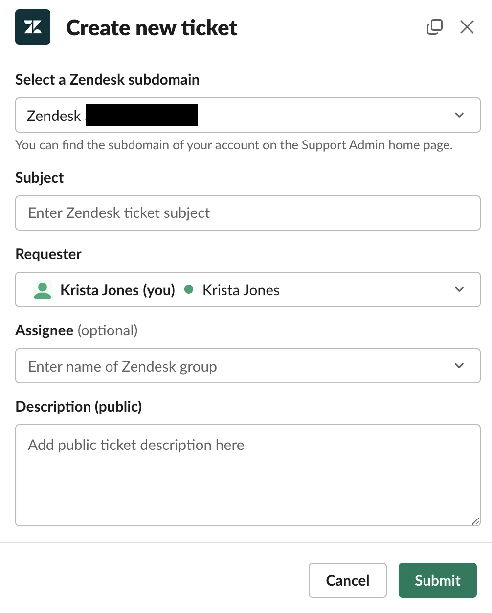 The Zendesk Create new ticket form inside Slack, where the assignee field only accepts a Zendesk group, as taken from Zendesk