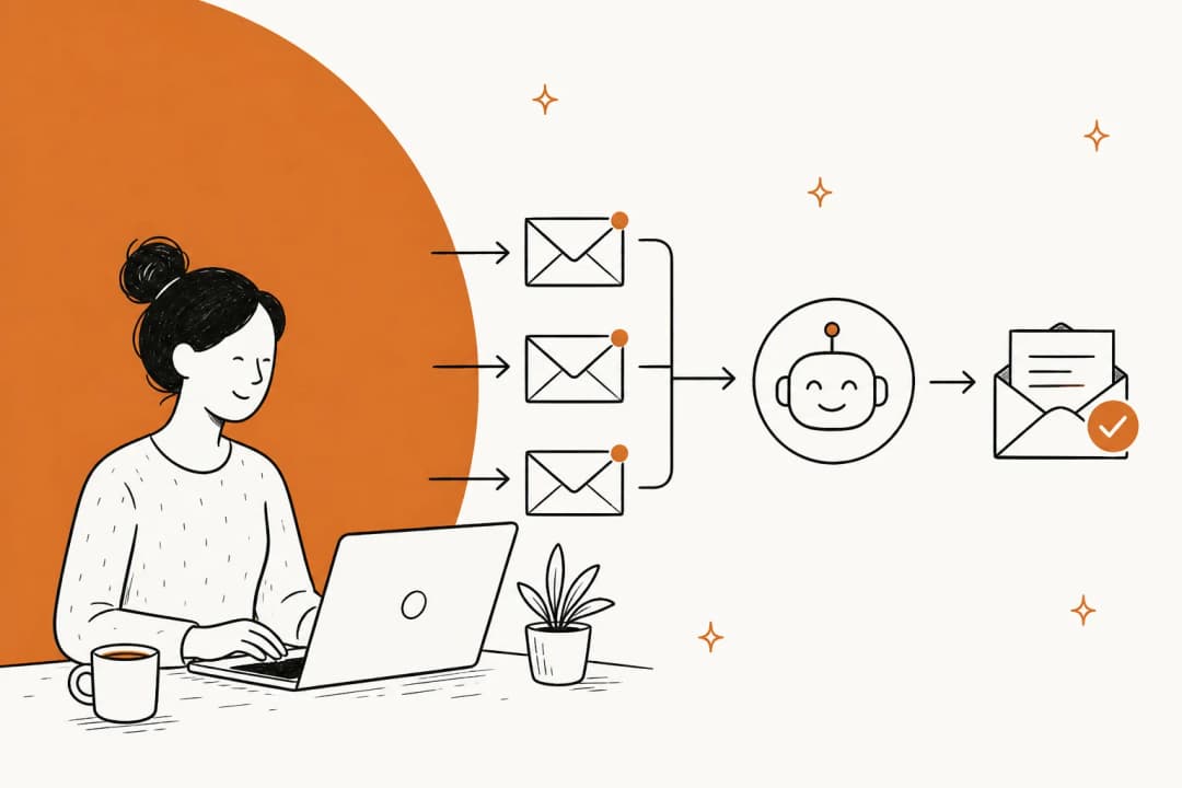 Illustration of an inbox with automated email replies being drafted and sent