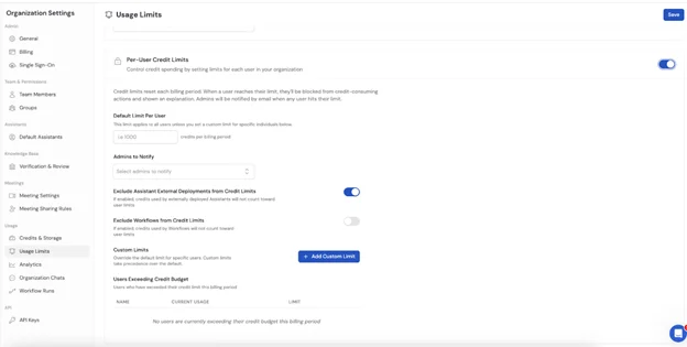 Cassidy usage limits screen with per-user credit limits toggled on, as taken from Cassidy docs