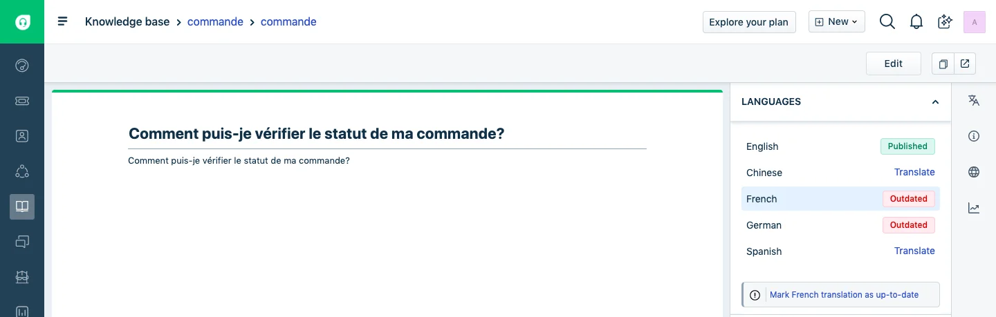 Freshdesk knowledge base article with a Languages panel showing French and German versions marked as Outdated, as taken from Freshworks