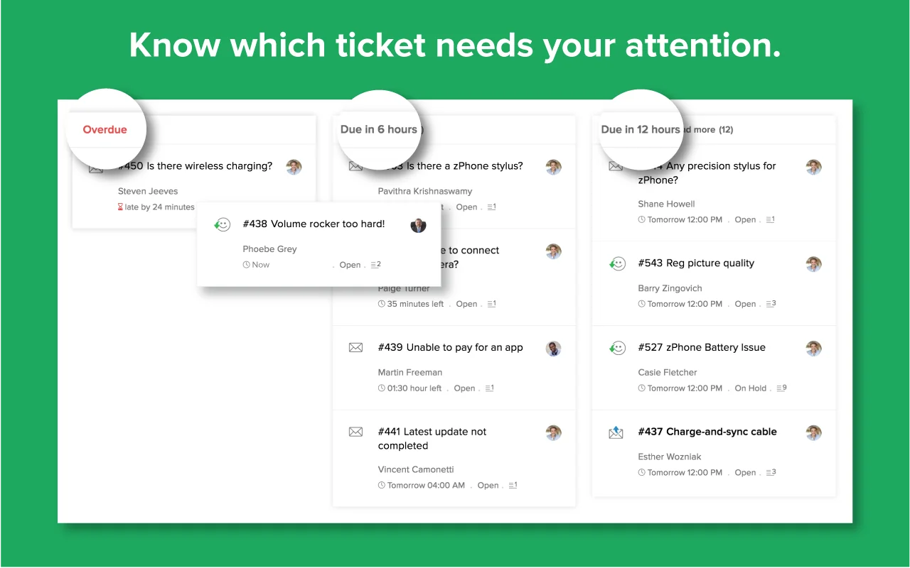 Zoho Desk ticket-queue view with Overdue and SLA-timed columns of real ticket cards, as taken from Zoho