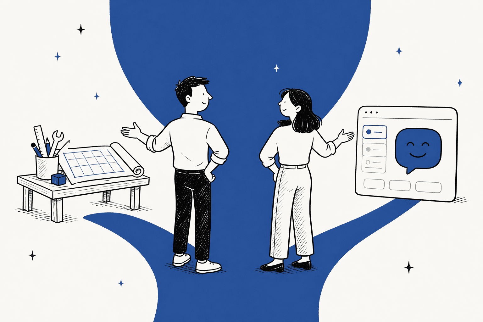 Editorial illustration of two people at a fork between building a custom chatbot and buying a ready-made one