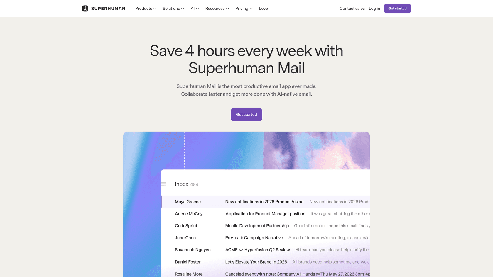 Superhuman Mail's homepage headlined "Save 4 hours every week with Superhuman Mail" over an inbox view, as captured from superhuman.com