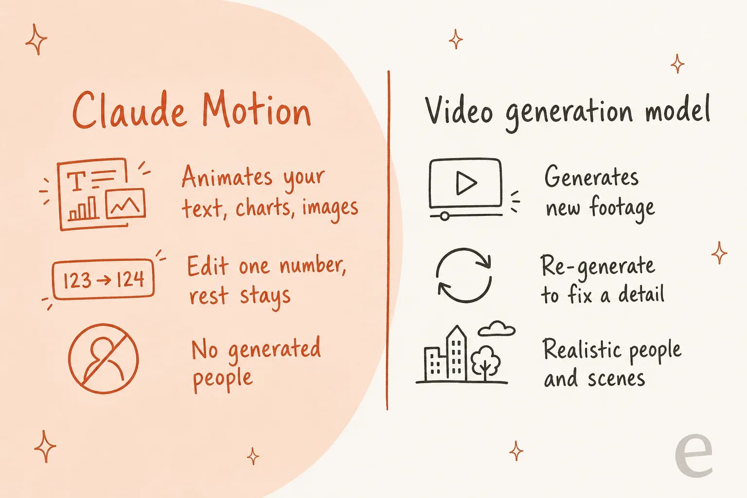 Claude Motion animates your text, charts and images, lets you edit one number while the rest stays, and generates no people, while a video generation model generates new footage, needs re-generating to fix a detail, and makes realistic people and scenes