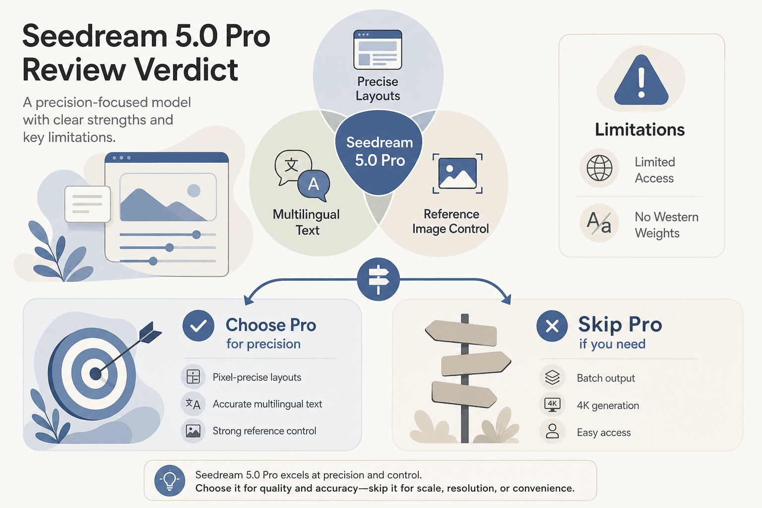 Decision infographic showing when to choose Seedream 5.0 Pro and when to skip it