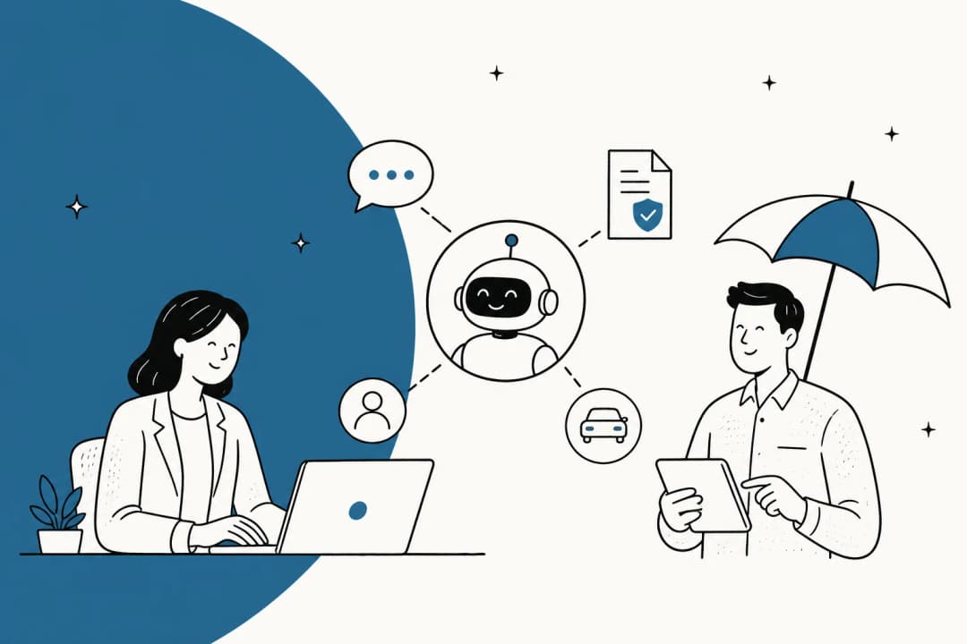 Illustration of an insurance policyholder support desk with an AI triage flow