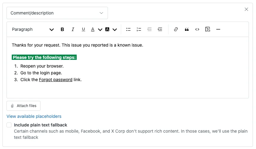 The macro comment editor in Zendesk, where you write the canned reply text that an agent inserts in one click, as taken from Zendesk's macro documentation