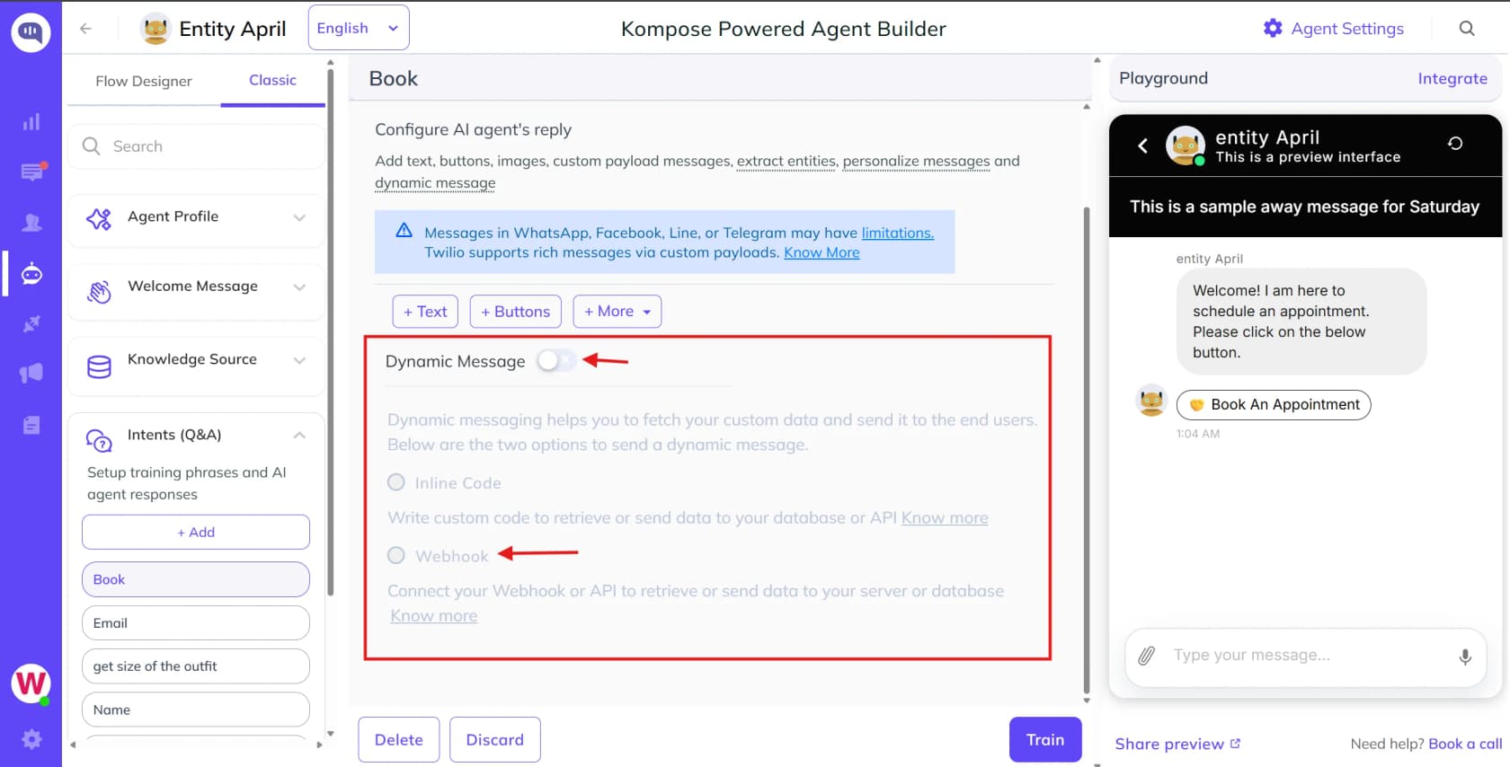 Kommunicate's Kompose agent builder with the dynamic-message and webhook configuration panel, as taken from Kommunicate's docs