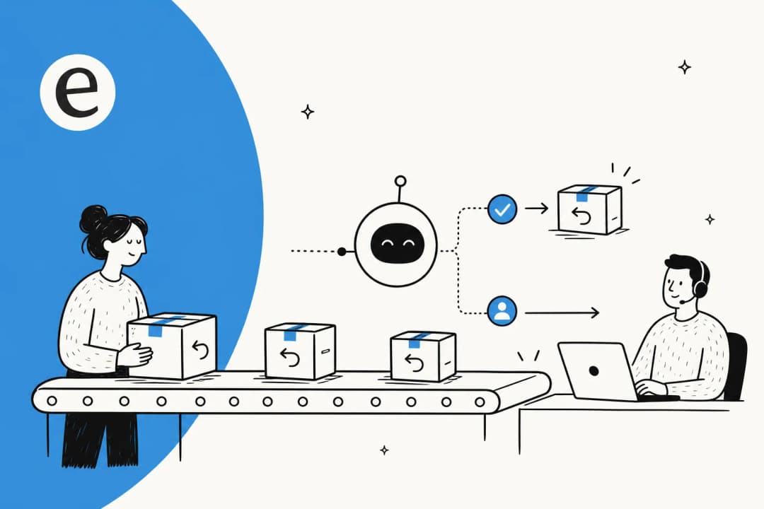 Illustration of returned parcels on a conveyor, an AI approving simple cases and handing a tricky one to a human agent