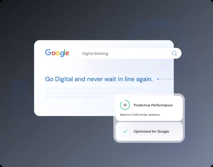 Anyword's predictive performance score shown over a sample search result, rating a variation 91 based on similar variations