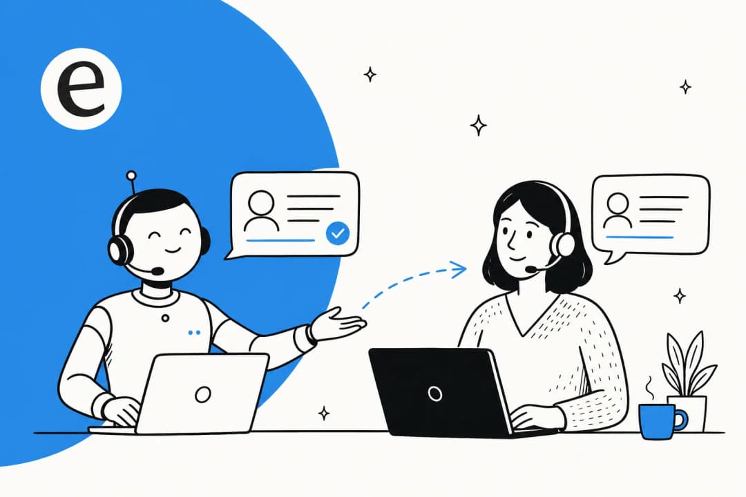 An AI support agent handing a conversation off to a human teammate, illustrated in eesel blue