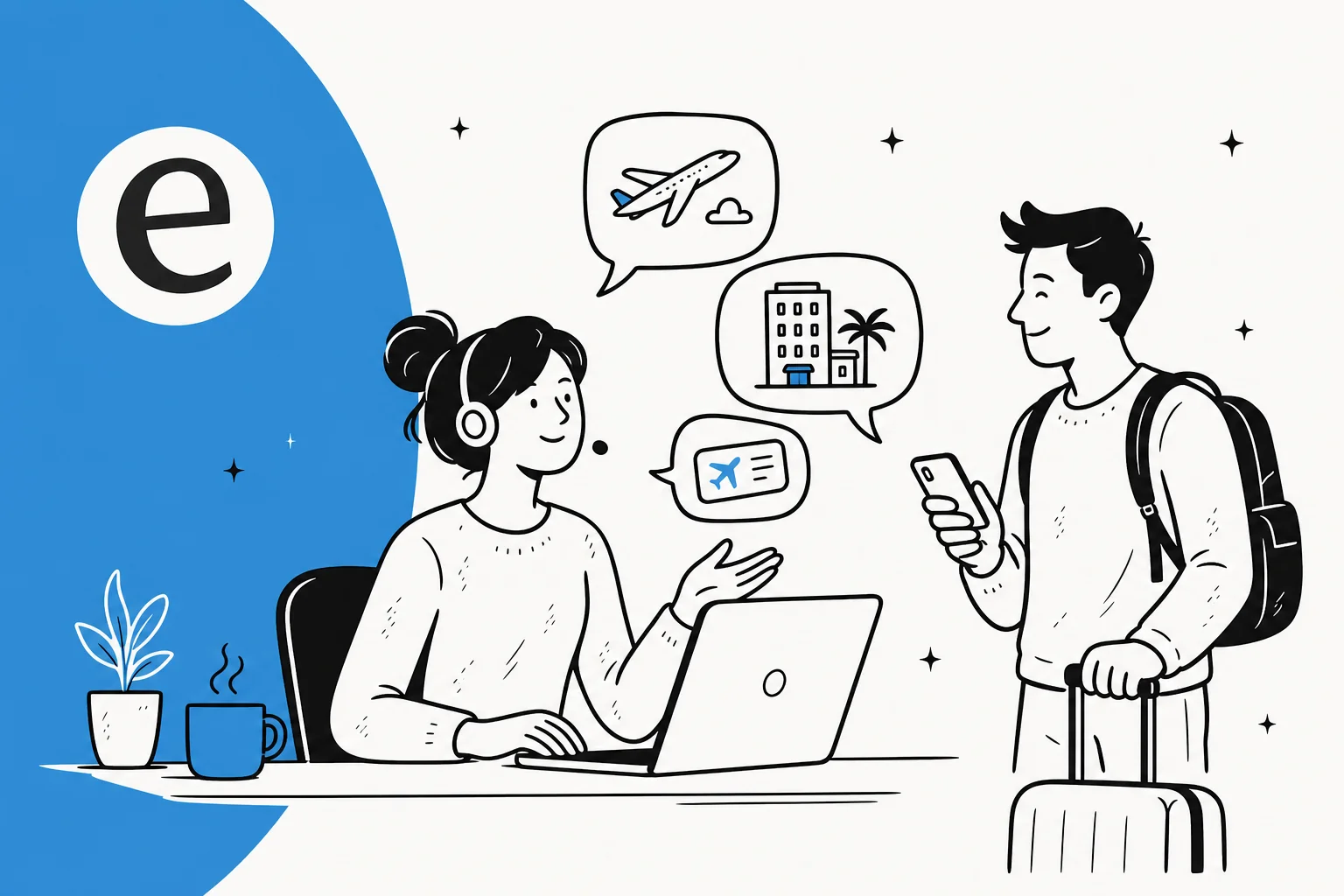 Illustration of an AI customer service agent helping a traveler with bookings and flights