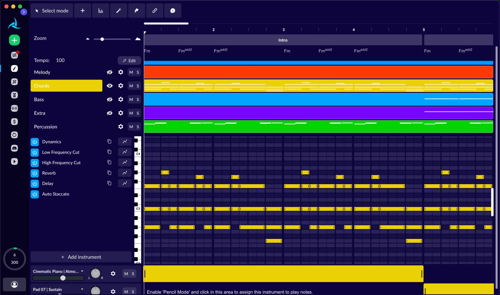 AIVA's multitrack editor showing Melody, Chords, Bass, Extra, and Percussion tracks with piano roll view
