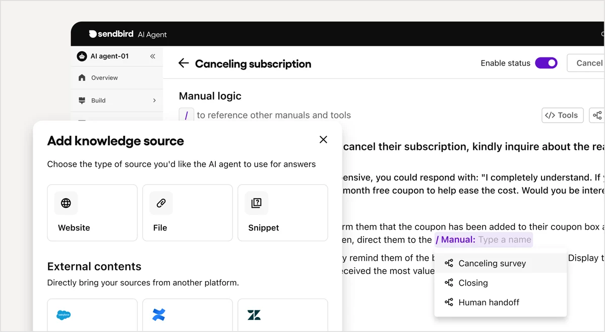 Sendbird AI agent builder showing the add knowledge source modal and manual logic for a canceling-subscription flow, as taken from Sendbird