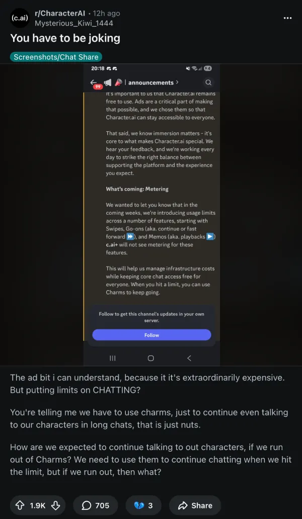 The Reddit post "You have to be joking" showing the metering announcement and community backlash, 1.9K upvotes, as taken from r/CharacterAI