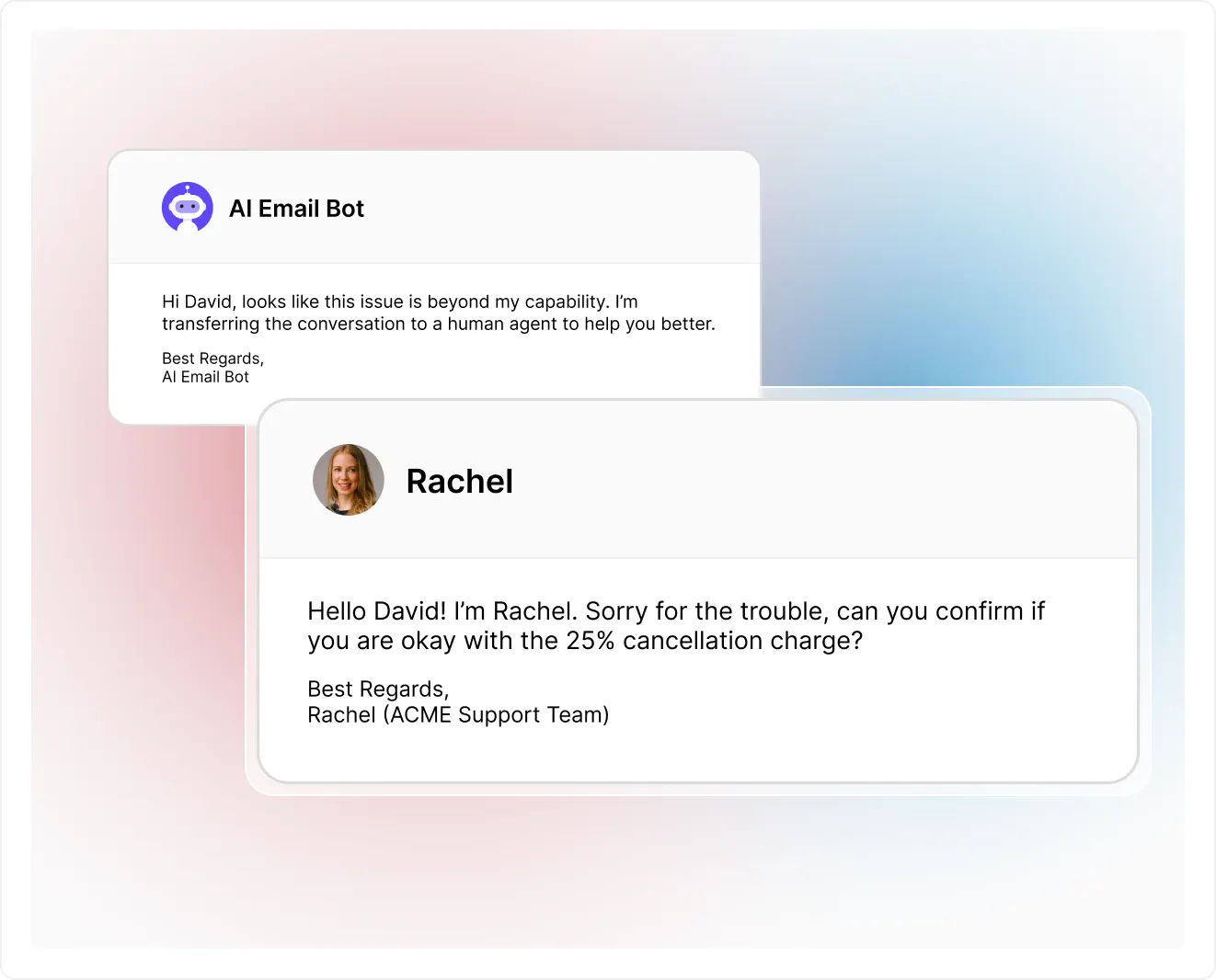 Kommunicate's AI email bot notifying a customer it's transferring them to a human agent, who then picks up the thread with full context, as taken from Kommunicate