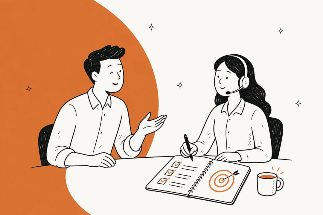 A support team lead reviewing a training checklist with a new agent