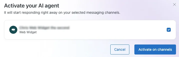 The activation step in Zendesk's AI agent flow, selecting which channels the agent goes live on, as taken from Zendesk