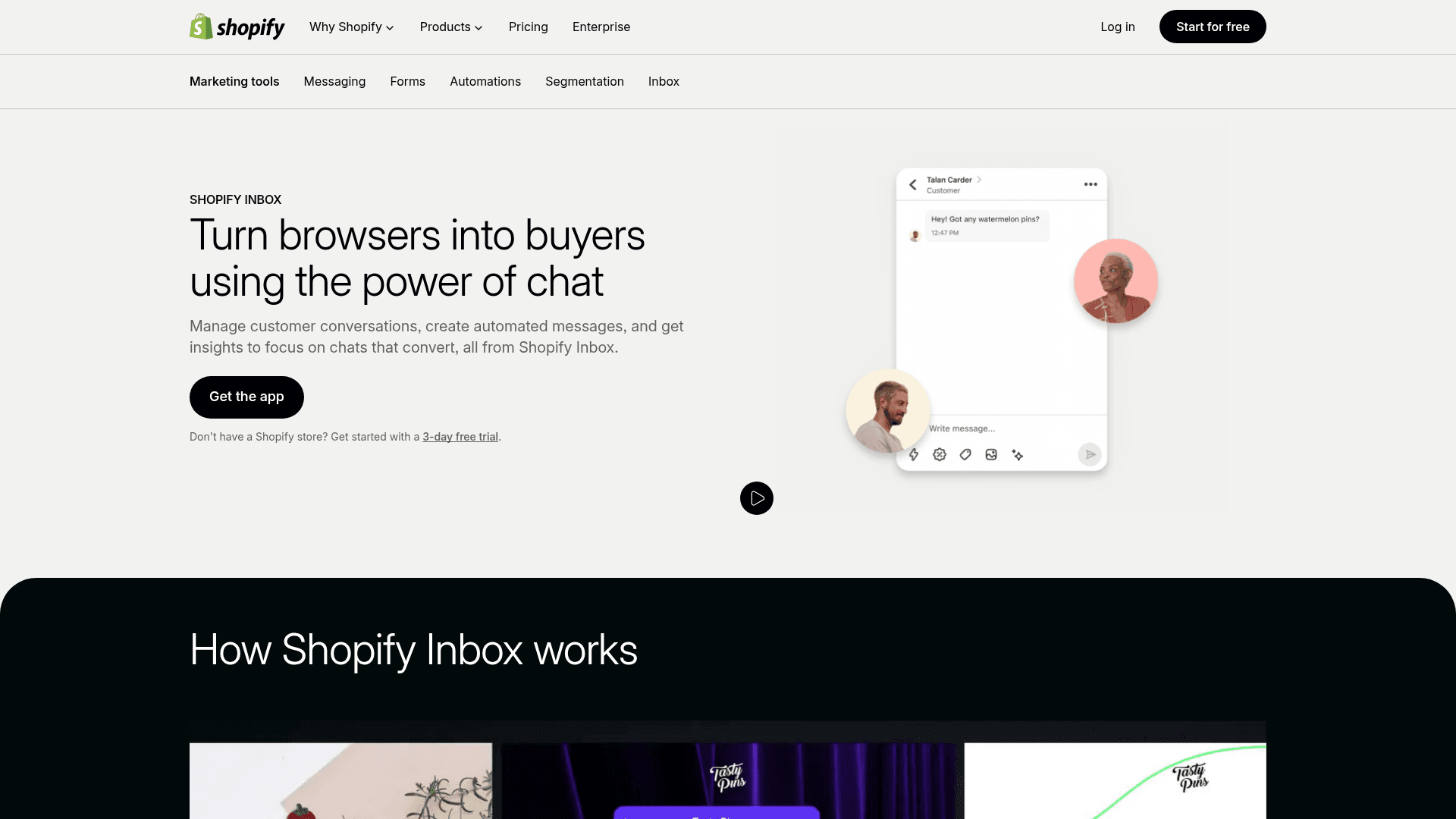 Shopify Inbox product page - "Turn browsers into buyers using the power of chat" - showing a mobile chat conversation between a store and a customer, as taken from Shopify