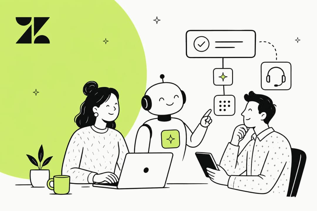 Illustration of AI agents, chat, and automation being added to a Zendesk support workflow