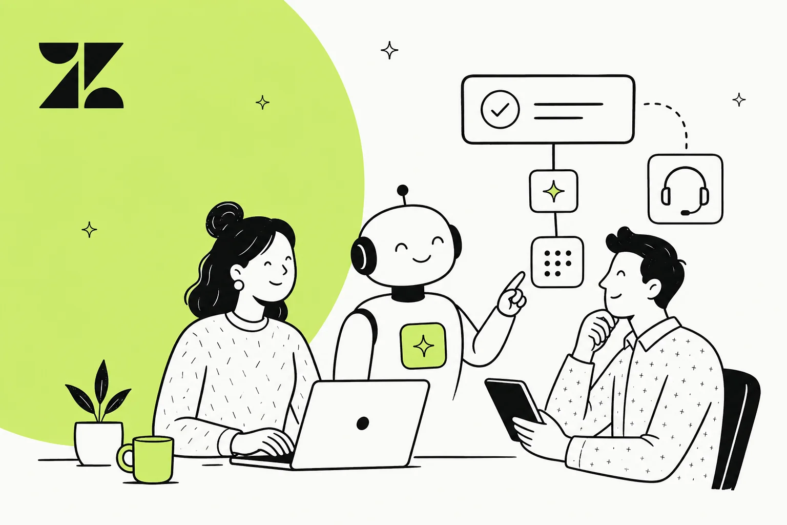 Illustration of AI agents, chat, and automation being added to a Zendesk support workflow