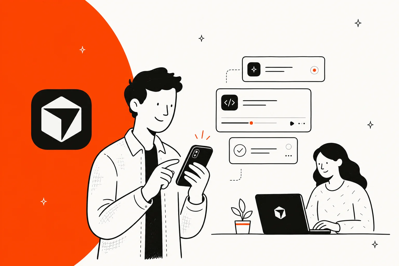 Illustration of a person kicking off a Cursor coding agent from their iPhone while a colleague reviews the work on a laptop