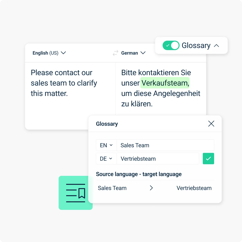 DeepL Glossary UI, showing a custom term mapping from English to German with the Glossary panel active