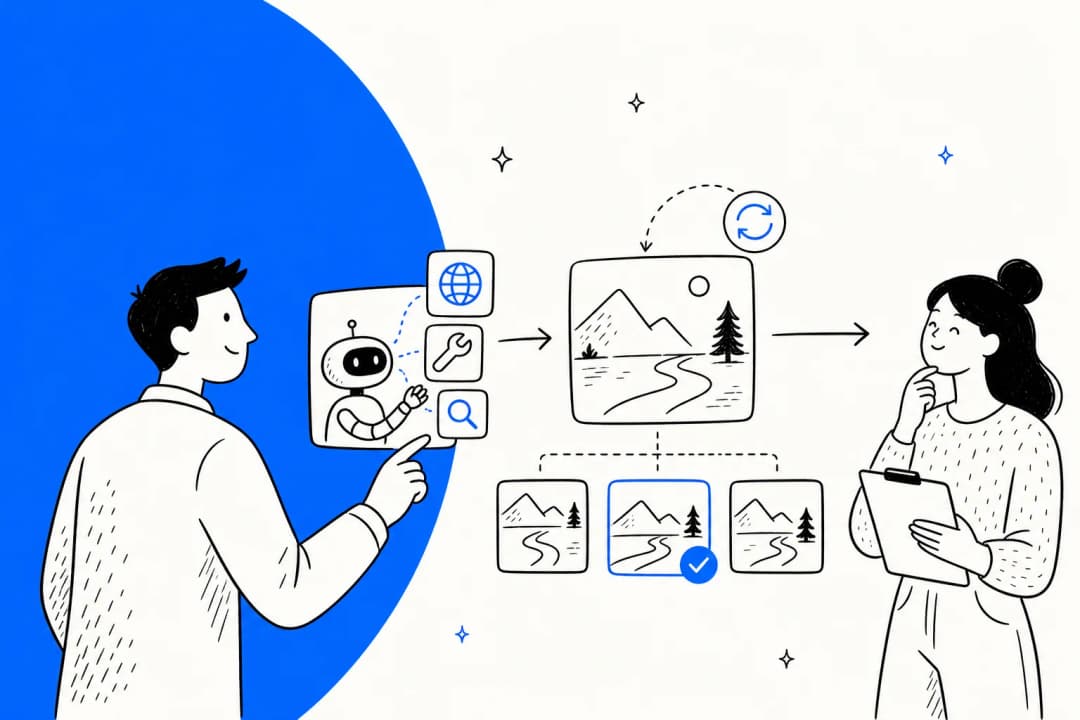 Editorial hero illustration for a review of Meta's Muse Image AI model, in Meta blue