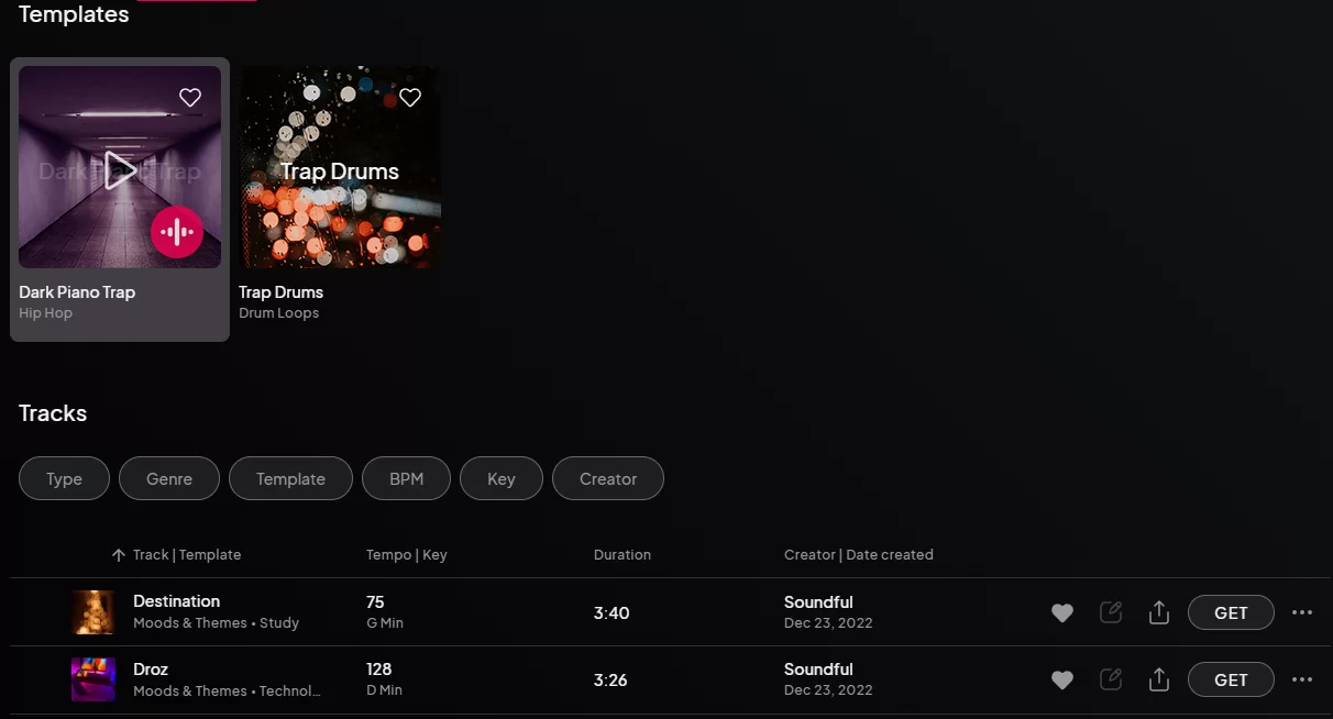 Soundful's template library showing genre categories and a tracks list with BPM, key, and creator metadata