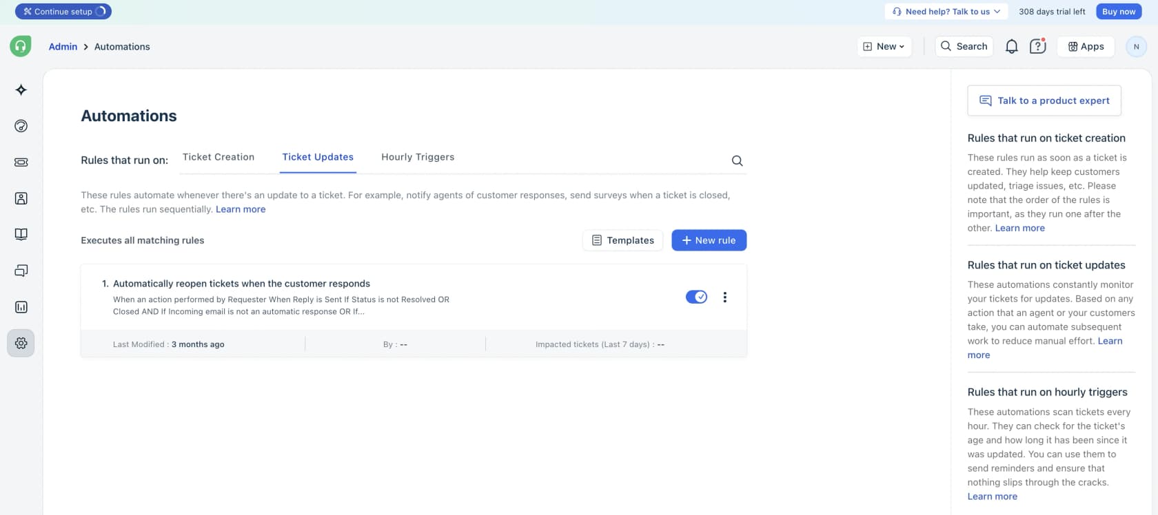 Freshdesk's Ticket Updates automation rule management screen