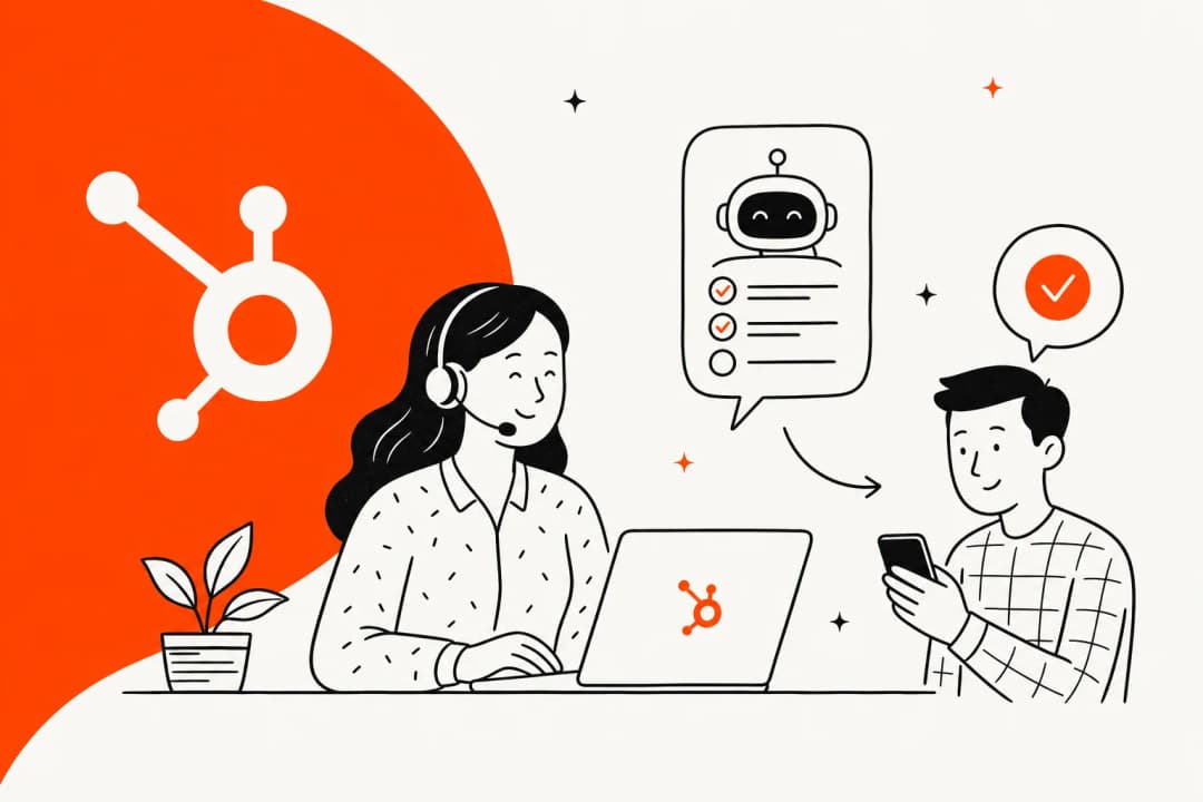 Illustration of a HubSpot support agent and an AI deflecting a customer question to a resolved answer