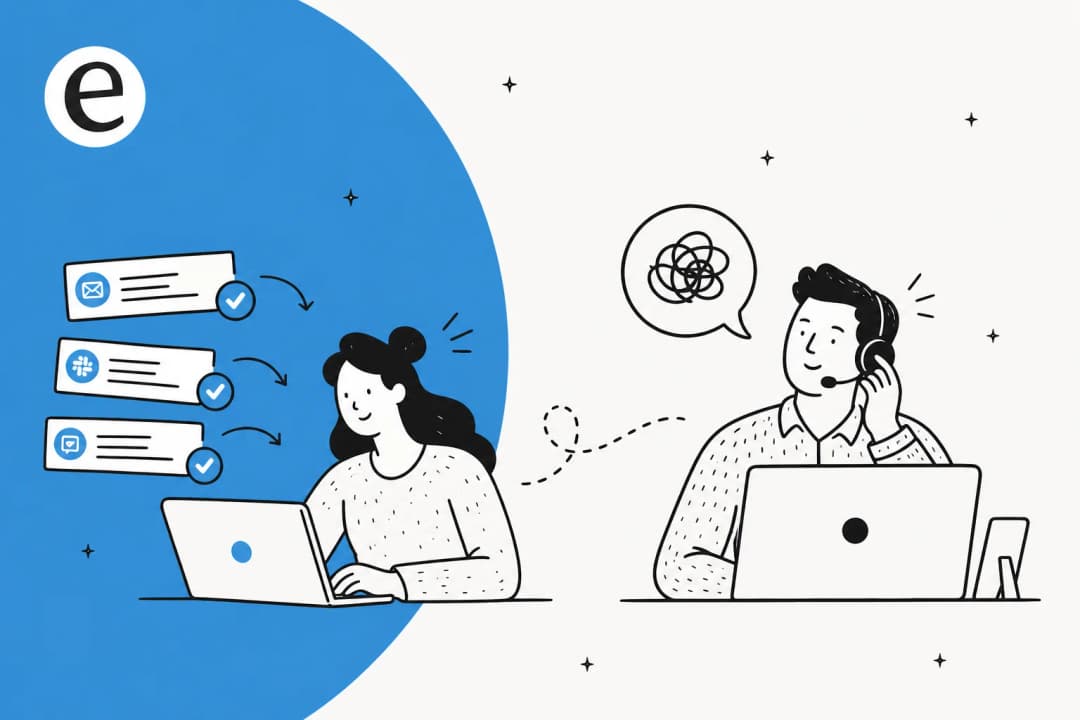 Illustration of an AI assistant clearing repetitive tickets while a human support agent handles a complex case