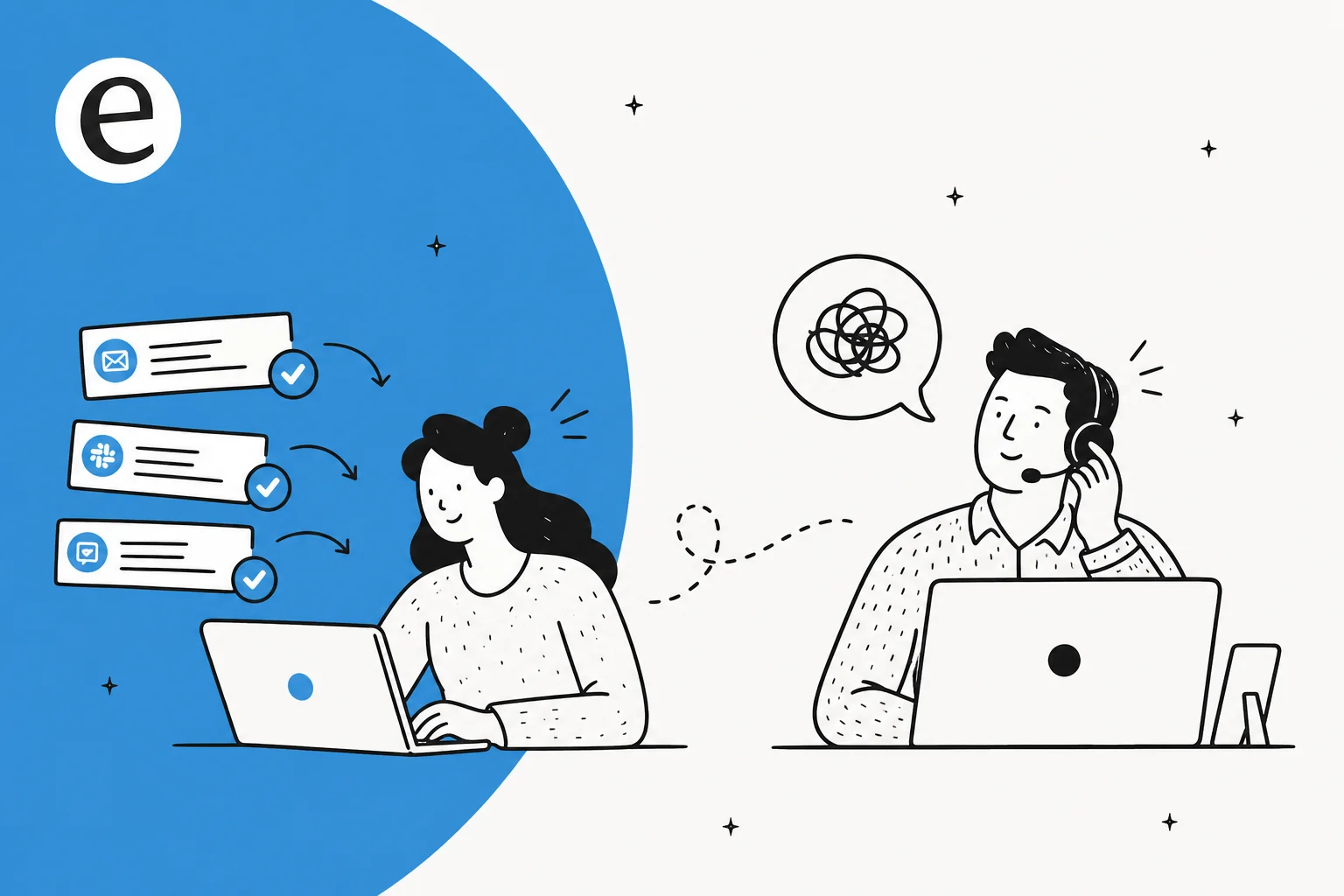 Illustration of an AI assistant clearing repetitive tickets while a human support agent handles a complex case