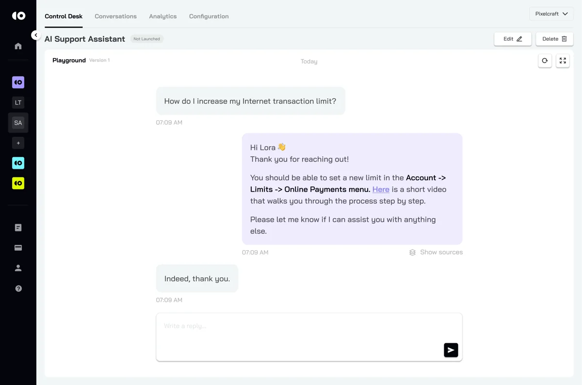 CoSupport AI's test playground, showing the agent answering a customer question about increasing a transaction limit with a sourced reply, as taken from CoSupport's G2 profile