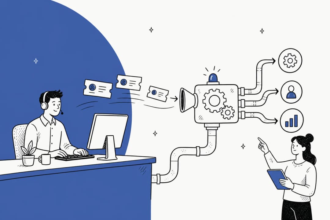 Illustration of an IT service desk feeding tickets into automated workflows
