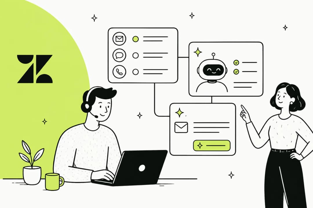 Editorial illustration of a Zendesk agent workspace with intelligent triage, Copilot suggestions, and an automated reply panel arranged in a clean composition