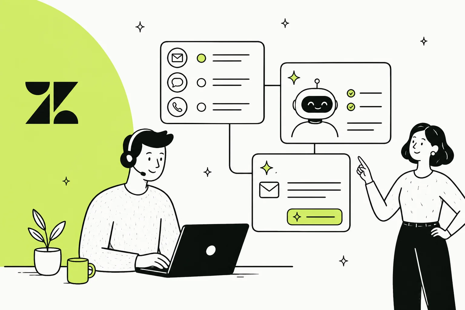 Editorial illustration of a Zendesk agent workspace with intelligent triage, Copilot suggestions, and an automated reply panel arranged in a clean composition