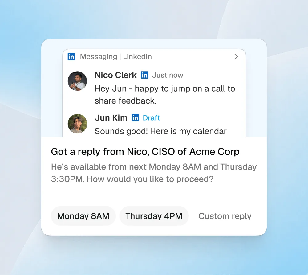 Aside surfacing a reply for approval before sending, with quick options to choose from, as taken from Aside