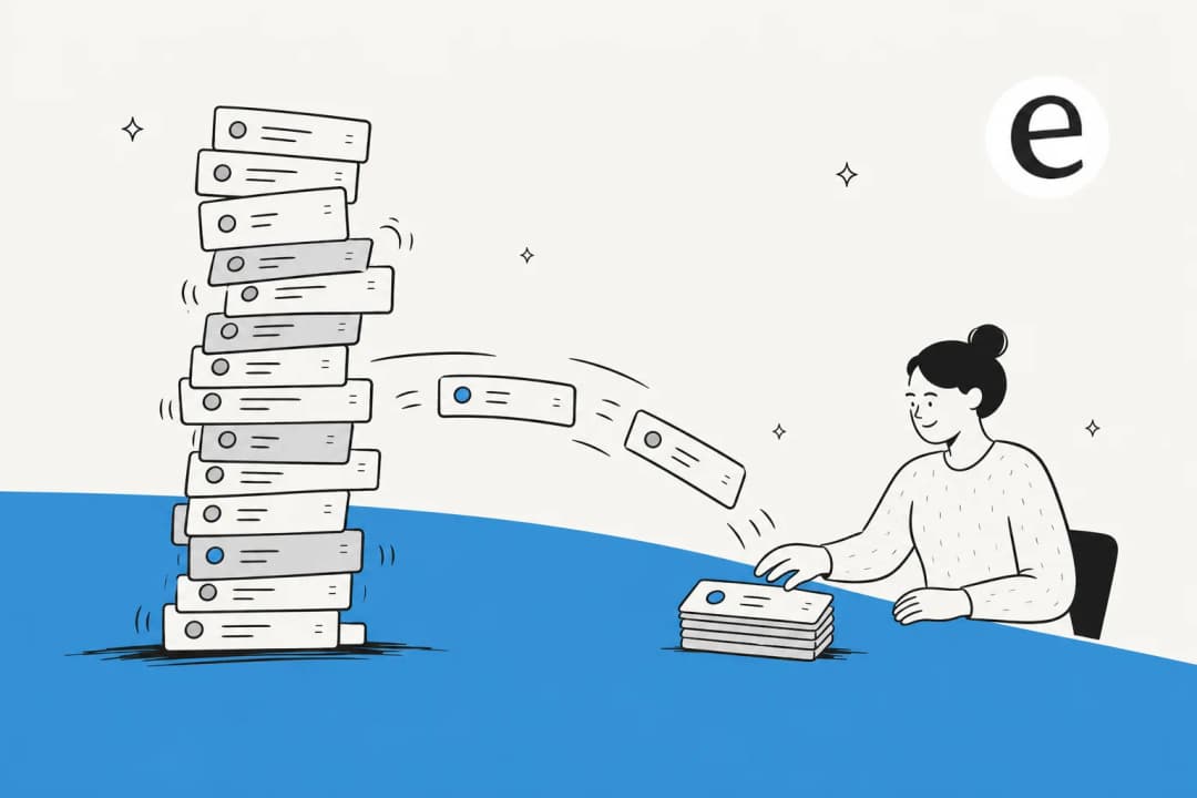 Illustration of a tall stack of support tickets being cleared into a calm, short queue