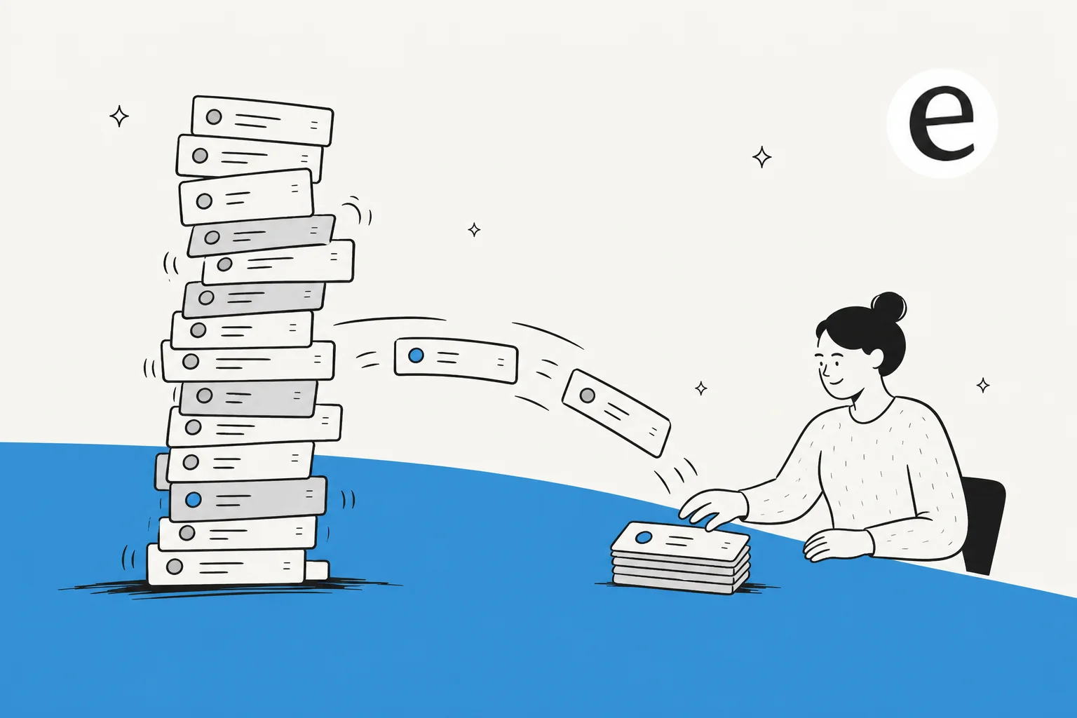 Illustration of a tall stack of support tickets being cleared into a calm, short queue