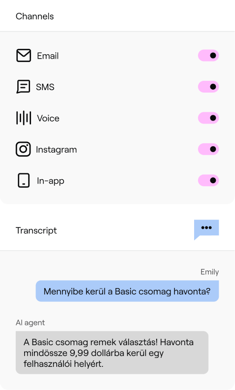 Channel toggles for email, SMS, voice, Instagram and in-app, with the agent answering a pricing question in Hungarian, via Ada