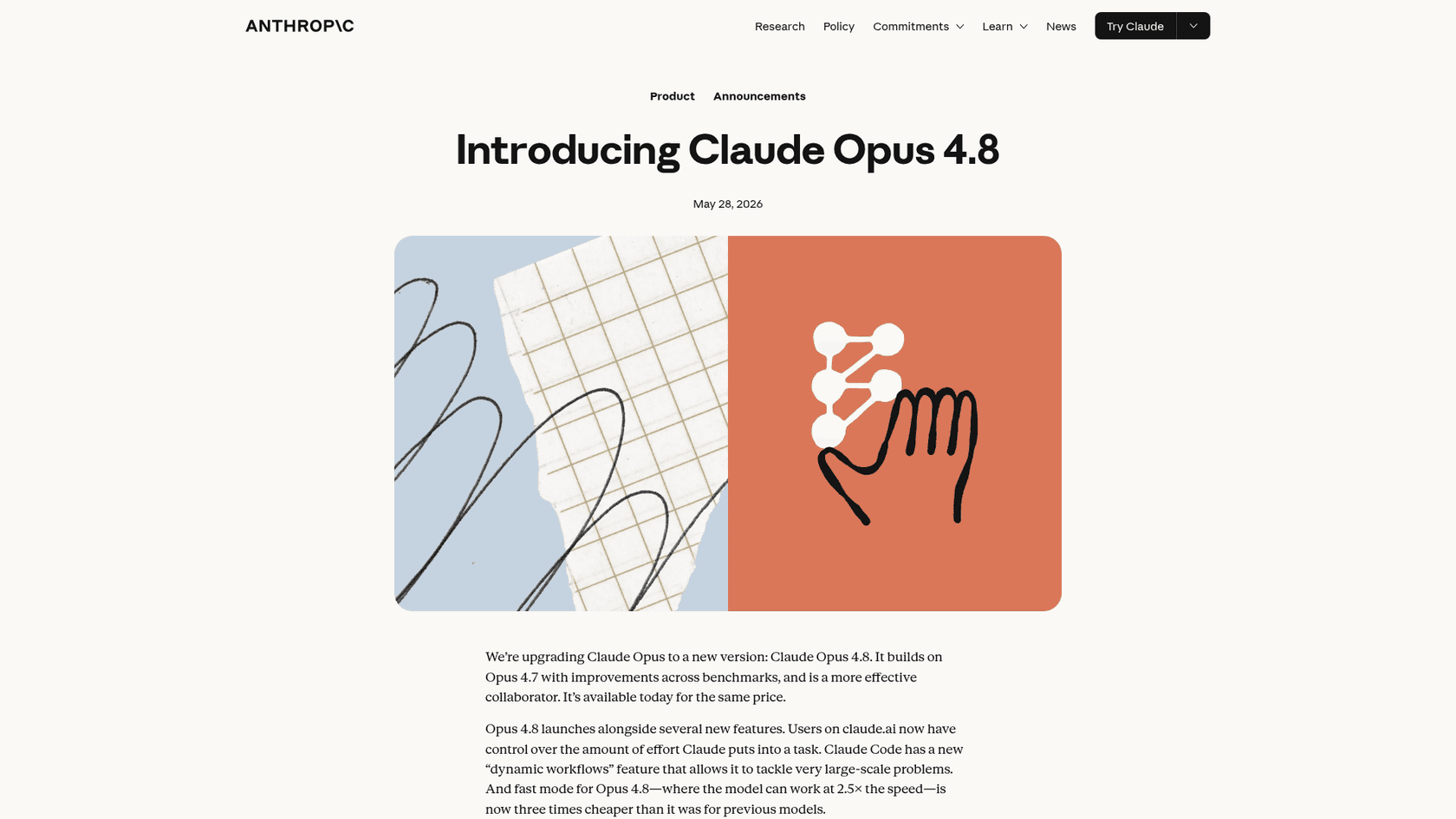 Anthropic's announcement page for Claude Opus 4.8, dated 28 May 2026, as taken from Anthropic