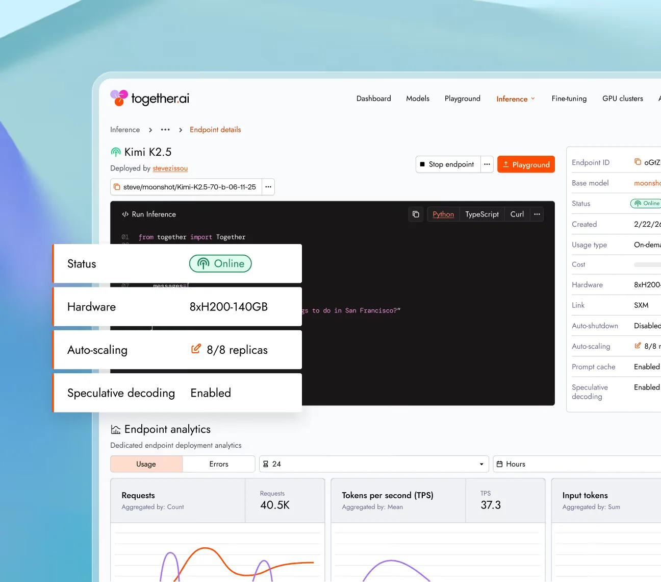 Together AI dedicated endpoint dashboard for Kimi K2.5 showing status online, hardware 8xH200 140GB, autoscaling at 8 of 8 replicas, speculative decoding enabled, and live endpoint analytics for requests and TPS, as taken from Together AI