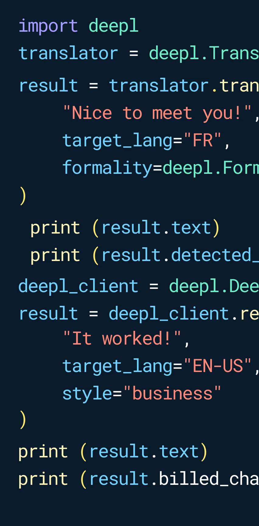 DeepL API code example showing a Python integration